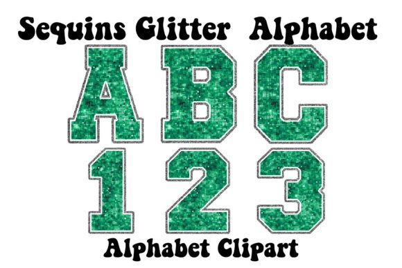 Green and Silver Sequin Faux Glitter Alphabet Clipart