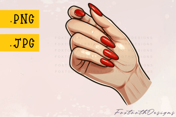 Hand with Long Red Nails Manicure: Bold Digital Clipart