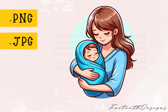 Mother with Baby in Blue Blanket: A Designer's Clipart Asset